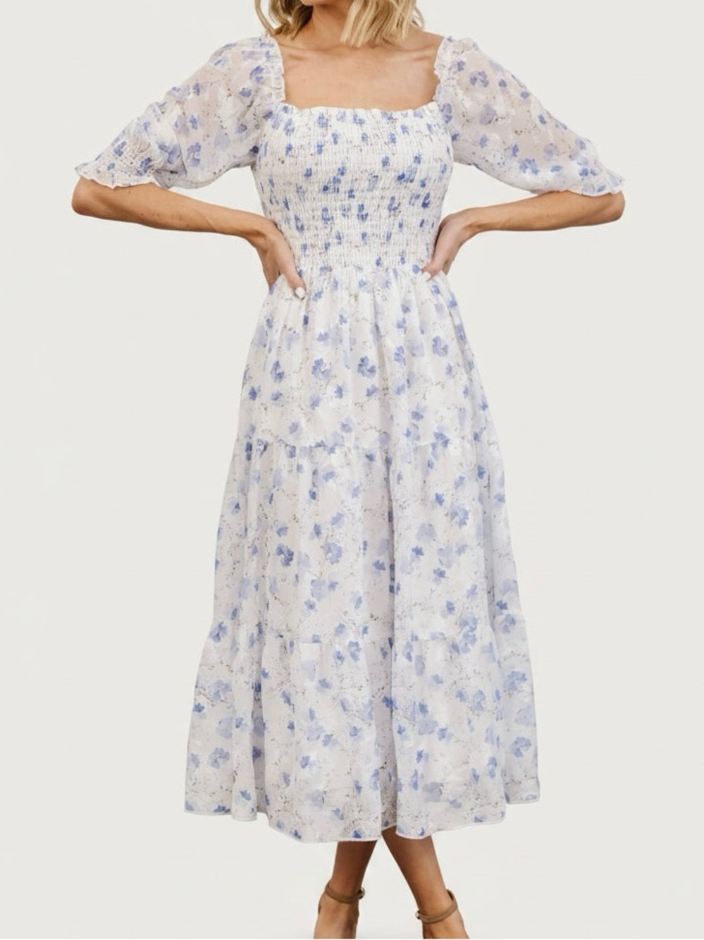 LoveShackFancy White Midi Dress with Blue Floral Print